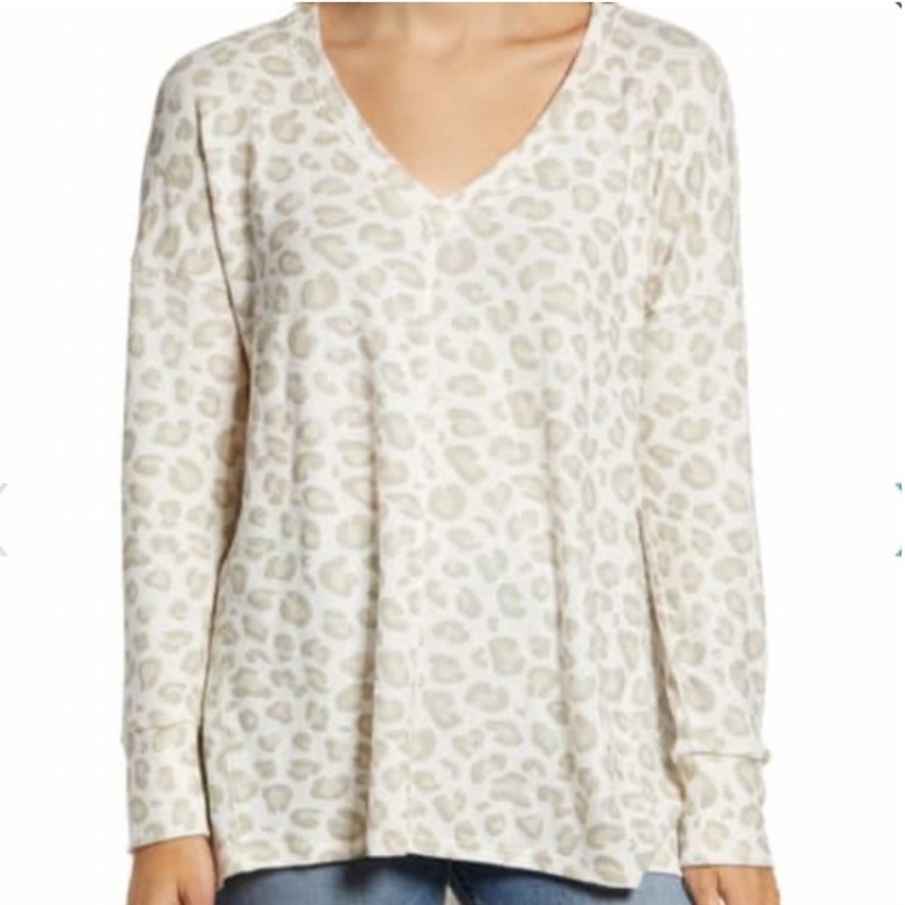Gibson Leopard Print V-Neck Oversized Long Sleeve Top Tunic Sweater Extra Small